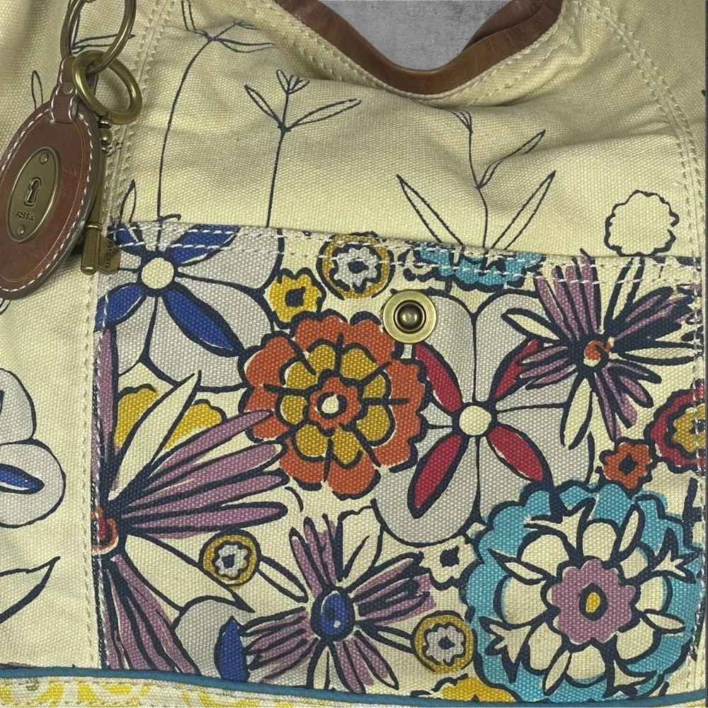 Fossil Long Live Vintage Canvas Floral Retro Hobo Bag Purse Y2K Hippie Boho